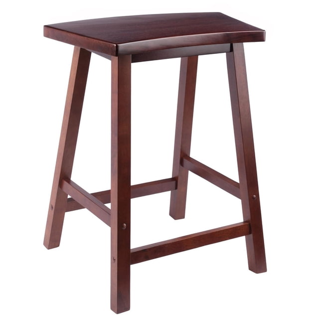 Winsome Katashi 24" Fan Shape Counter Stool in Walnut Finish with solid wood fan-shaped seat, crossbar footrests, and compact footprint, ideal for kitchen or dining counter seating and small spaces.