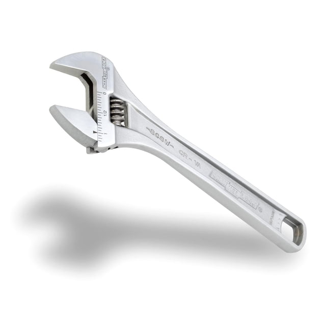 CHANNELLOCK 8" Adj Wrench featuring wide adjustable jaws with laser-engraved inch measurement scale, forged from chrome vanadium steel with a tapered handle for improved grip, shown in a front angled view on a white background with a soft shadow, ideal for accessing larger nuts and bolts in tight spaces.