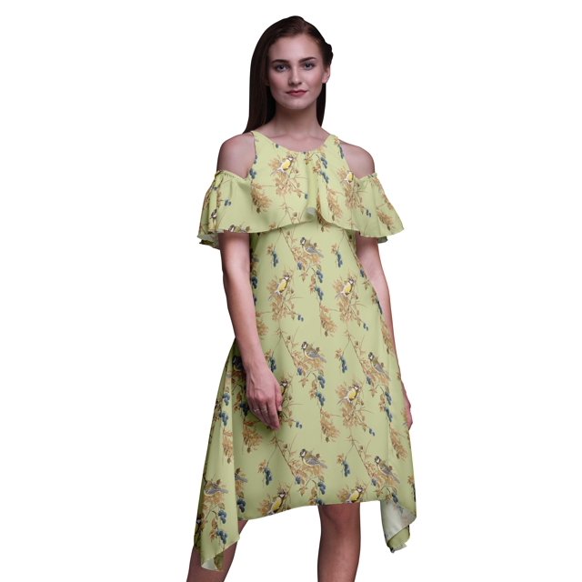 Bimba Robe Droite Évasée à Épaules Dénudées pour Femmes, Beige, Imprimée d'Oiseaux, à Volants devant - XXX-Large