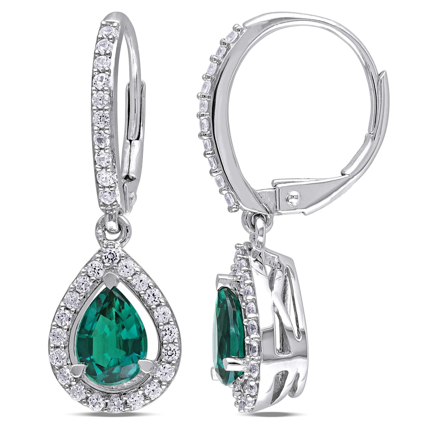 Boucles d'oreille auréoles Tangelo avec émeraudes synthétiques et saphirs blancs synthétiques 1-7/8 CT PBT en argent sterling