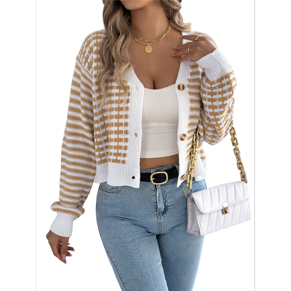 Womens Long Sleeve Striped Cardigan Sweaters Striped Cropped Button Fall Trendy Open Front Knit Sweater Coats Khaki M