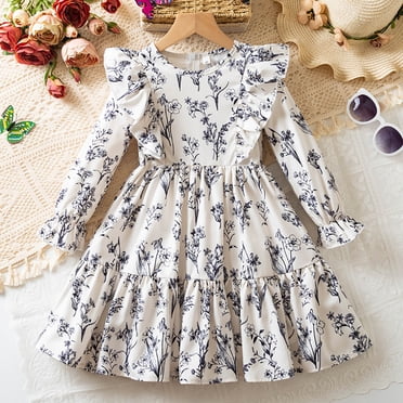 Robe à Manches Longues pour Filles avec Manches Volantées et Imprimé Floral pour Tout-Petits et Enfants Stylés Robe d'Anniversaire pour Bébé Garçon Robes Filles 3_4ans Fille Robes pour Enfants Robe Fille 3 Mois Manches Longues Filles Fleur