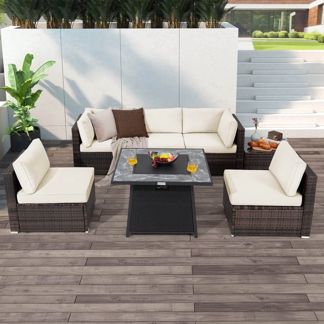 Costway Ensemble de Mobilier de Patio 7 Pcs avec Table de Foyer au Gaz Propane de 35 Pouces et Housse Imperméable Blanc