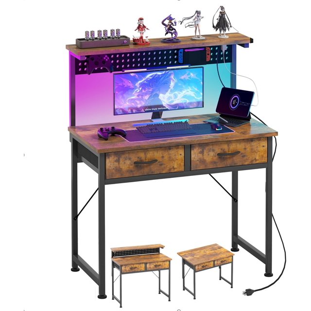 Small Desk with Pegboard & Drawers Gaming Desk with Adjustable LED Light Home Office Desks for Small Bedroom Adjustable Monitor Rise Stand and Charging Station Fabric Drawers