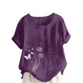 thumbnail image 3 of QATAINLAV Hauts en Lin Grande Taille pour Femmes 2025 Été T-Shirts à Manches Courtes Mode Boho Blouses à Imprimé Floral Décontractées Col Rond T-Shirts Ventes Quotidiennes du Jour Violet XXXXXL, 3 of 5