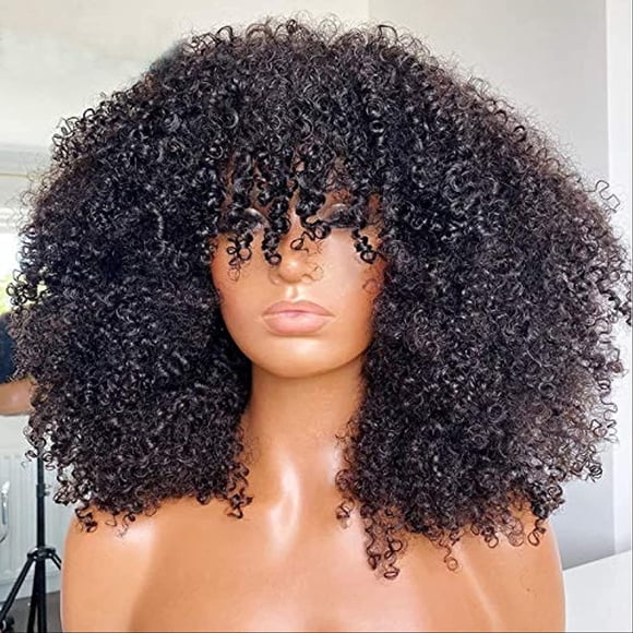 XINQIHANG Afro Kinky Curly Brazilian Short Curly Wig with Bangs Full Machine Made Scalp Virgin Human Hair Wigs Natural Color 16 Inch