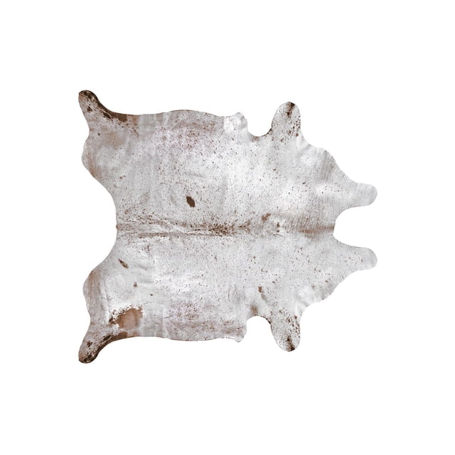 H-Natural Kobe Salt & Pepper 6'X7' Cowhide Rug laid flat with a natural irregular shape, white base with brown speckles, soft low pile texture, and supple sheen. Durable and stain-resistant, suitable for high-traffic indoor areas and enhancing home warmth.