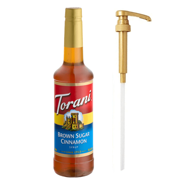 Torani Brown Sugar Cinnamon Flavoring Syrup in a 750 mL plastic bottle, paired with a bonus gold-colored squeeze pump. The bottle features a red, yellow, and blue label with the Torani logo and product details. Ideal for enhancing coffee, desserts, and recipes with a warm, spiced flavor.
