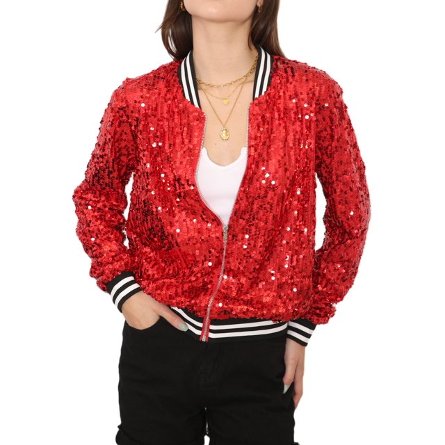 Womens Sequin Long Sleeve Front Zip Jacket with Ribbed Cuffs