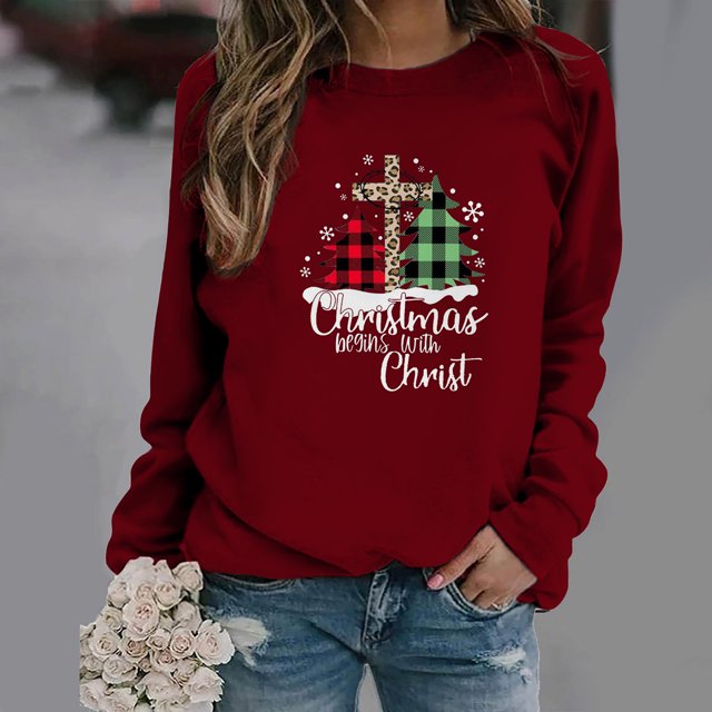 Sweatshirt de Noël pour Femmes 2023 Hauts Imprimé de Noël Col Rond Pull Blouse Ample Sweatshirt Sans Capuche en Solde