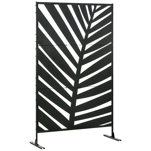 Outsunny Écran d'Intimité en Métal avec Vis d'Expansion, Doté d'Un Cadre en Acier Noir et d'Un Motif de Feuille de Bananier. l'Écran Comporte Trois Panneaux Alignés Verticalement, Pieds Larges pour la Stabilité, et Mesure 48 Pouces de long, 17,7 Pouces de Large et 78 Pouces de Haut. Convient à une Utilisation Extérieure Ou Intérieure, Il Offre de l'Intimité pour les Entrées, les Zones de Sièges Ou les Bains Thermaux.