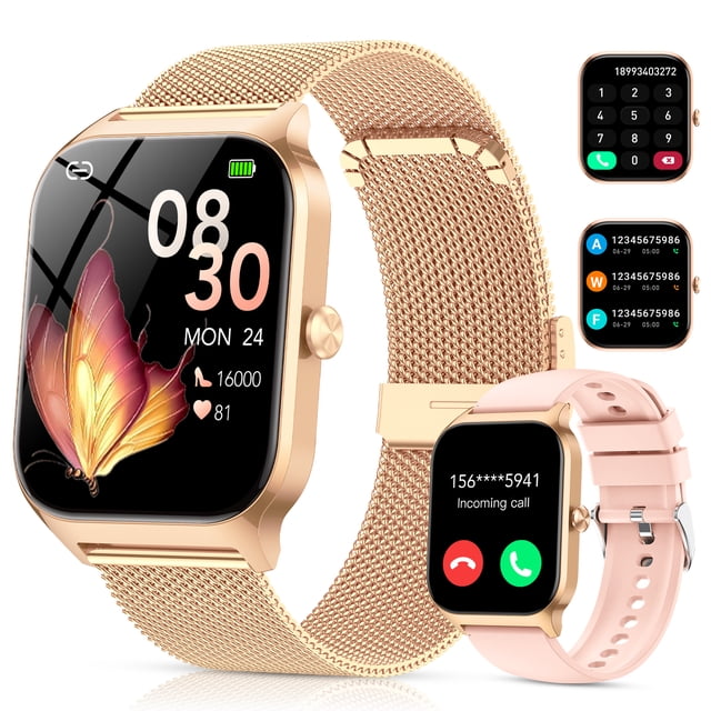 Montre Intelligente Compatible avec Android et iPhone, Montre Intelligente pour Femmes avec Écran Tactile HD de 1,85 Po en Or Rose. Comprend des Appels Bluetooth, des notifications de Messages, un Traqueur de Mise en Forme avec 120+ modes Sportifs, et une Cote d'Étanchéité IP68. l'Affichage Affiche les Données de Mise en Forme et l'Interface d'Appels Entrants. Comprend un Bracelet en Acier Doré et un Bracelet en silicone Rose.