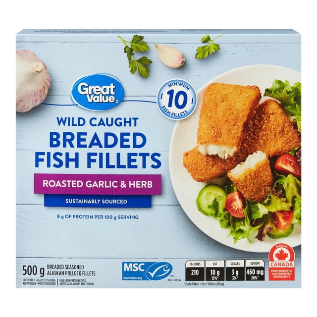 Great Value Roasted Garlic & Herb Breaded Fish Fillets box showing wild caught, breaded Alaskan pollock fillets seasoned with roasted garlic and herbs, minimum 10 fillets in a 500 g package, sustainably sourced and free from preservatives. The image includes a plate with three crispy breaded fish fillets served with fresh mixed salad of lettuce, cucumber, and cherry tomatoes on a light blue wooden surface with garlic cloves and parsley sprigs.