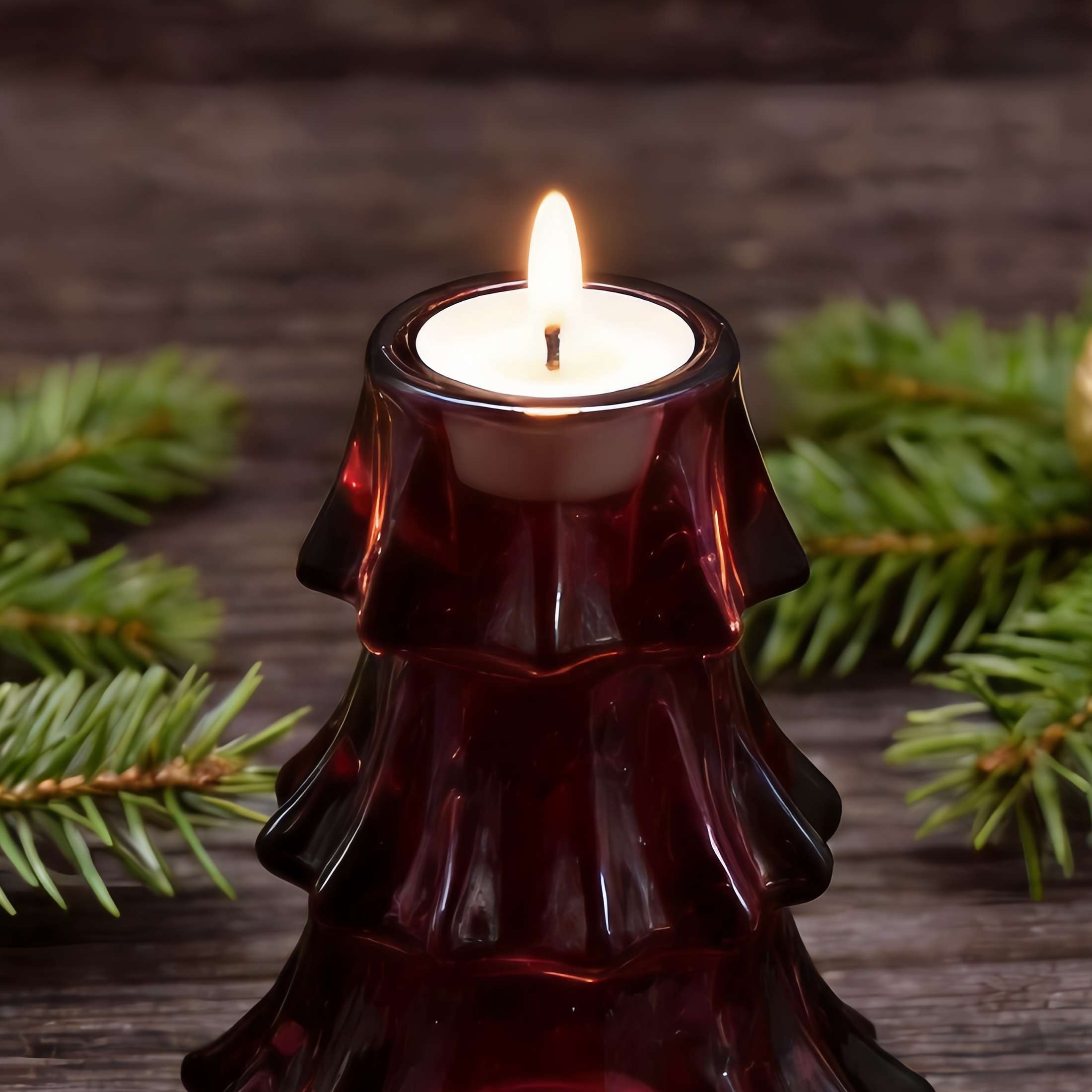 Holiday Time Indoor Christmas Glass Red Tree Candle Holder 4.33"