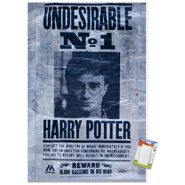 The Wizarding World: Harry Potter - Undesirable Wall Poster, 22.375" x 34", a glossy high-resolution poster featuring a vintage-style wanted poster with bold black text 'Undesirable No. 1' and 'Harry Potter' on a textured gray background. It includes a Ministry of Magic reward of 10,000 Galleons for information on his whereabouts, ideal for bedroom or office wall decor.