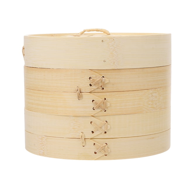 3pcs Handmade Bamboo Steamer Kitchen Food Steamer with Lid Steamer Cloth (18cm). A three-tiered bamboo steamer with a natural finish, featuring interwoven bamboo strips for durability and a snug-fitting lid. Designed for steaming vegetables, fish, and meat, it fits well with woks and stockpots. Easy to clean and store, ideal for healthy cooking.