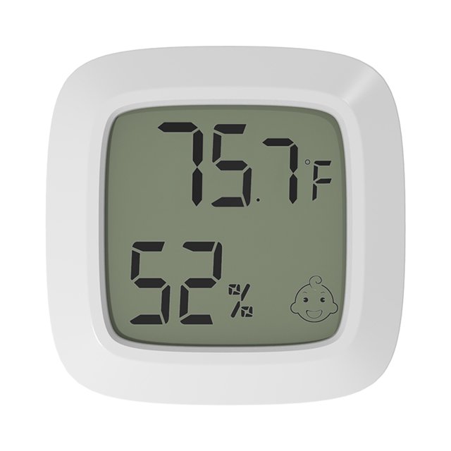 Amdohai Indoor Hygrometer Thermometer with a compact white frame and digital display showing temperature in Fahrenheit (75.7°F) and humidity percentage (52%). The screen features a smiley emoticon indicating comfort level. Ideal for monitoring indoor air quality and humidity levels in spaces like kitchens, baby rooms, offices, and greenhouses. Designed for desk, wall, or magnetic installation.