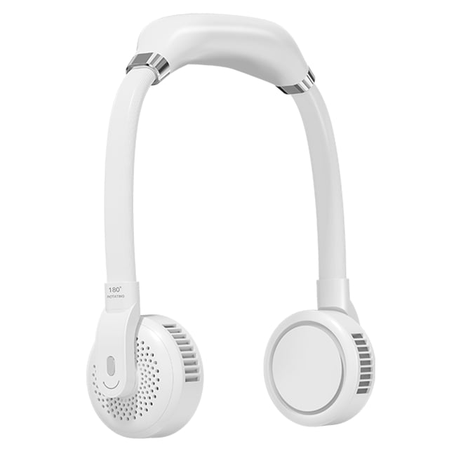Yeacher Portable Neck Fan Hands Free Neckband Fan USB Battery Powered 3 Speed Adjustable Mini in white. Features a 360° rotatable neck design and three adjustable wind speeds. Powered by a 2000mAh or 4000mAh rechargeable battery, offering 2.5 to 12 hours of runtime depending on the battery capacity. Made of ABS material, it is lightweight and suitable for home, office, travel, and outdoor sports. Includes a USB charging cable.