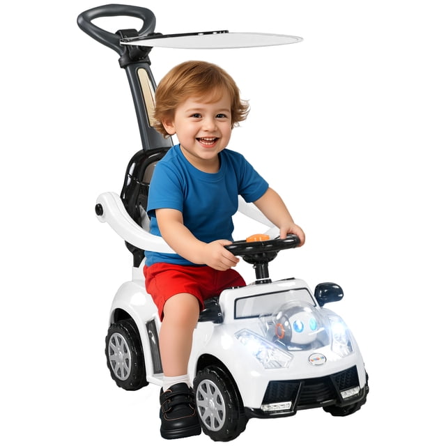 Qaba 3 en 1 Voiture pour Enfants Push Voiture Coulissante pour Tout-Petits en Blanc, Jouet à Chevaucher à Thème Robot avec Auvent Amovible, Clôture de Sécurité et Lumières et Musique Interactives. Conçu pour les Enfants de 12 à 36 Mois, Montré avec un Enfant Assis et Tenant le Volant.