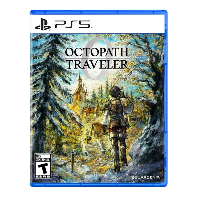 Octopath Traveler 0 PlayStation 5 Couverture de Jeu Représentant un Protagoniste Blindé Personnalisé Marchant sur un Sentier Forestier vers un village avec une Église, Entouré de Feuillage d'Automne et de Pins, Rendu dans le style HD-2D de la Série par Square Enix.