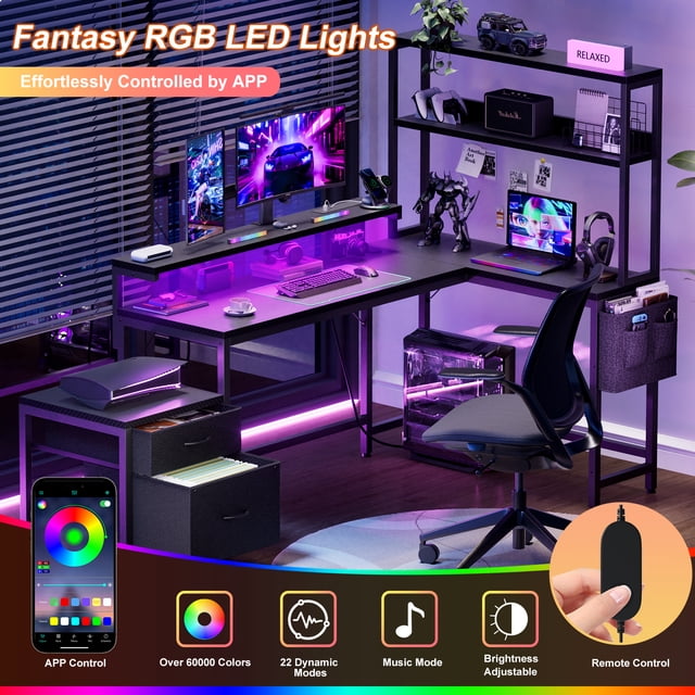 GUNAITO 71" L Shaped Desk with 2 Drawers & shelves,Corner Desk with LED Lights & Power Outlets,Gaming Desk,Home Office Desk,Carbon Fiber Black