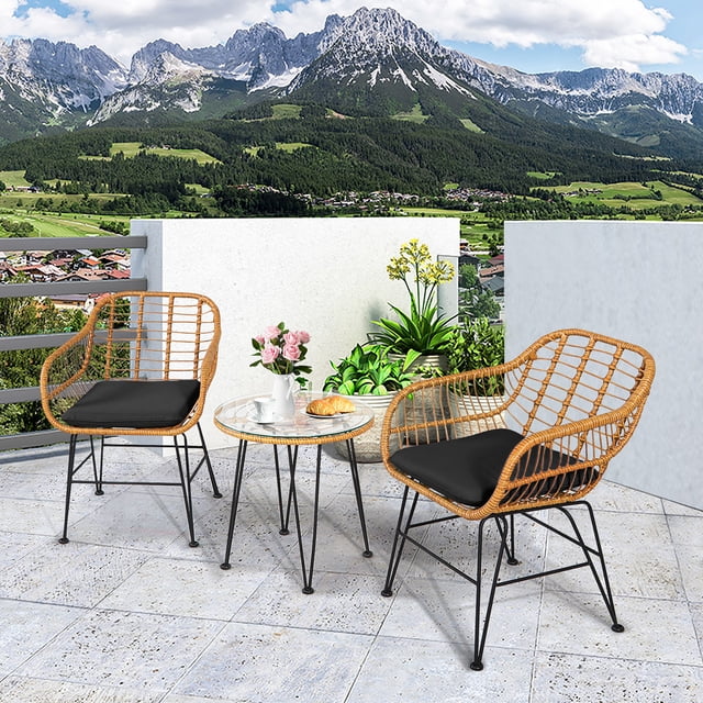 Gymax 3PCS Rattan Patio Bistro Set Conversation Furniture Set w/ Black Cushions