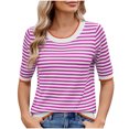 thumbnail image 1 of Pisexur Hauts de Printemps pour Femmes 2025, Hauts d'Entraînement pour Femmes, Hauts pour Dames Blouses à Manches Courtes Rayées Col Rond Mode Décontractée Rose Vif, m, 1 of 8