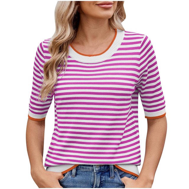 Pisexur Hauts de Printemps pour Femmes 2025, Hauts d'Entraînement pour Femmes, Hauts pour Dames Blouses à Manches Courtes Rayées Col Rond Mode Décontractée Rose Vif, m