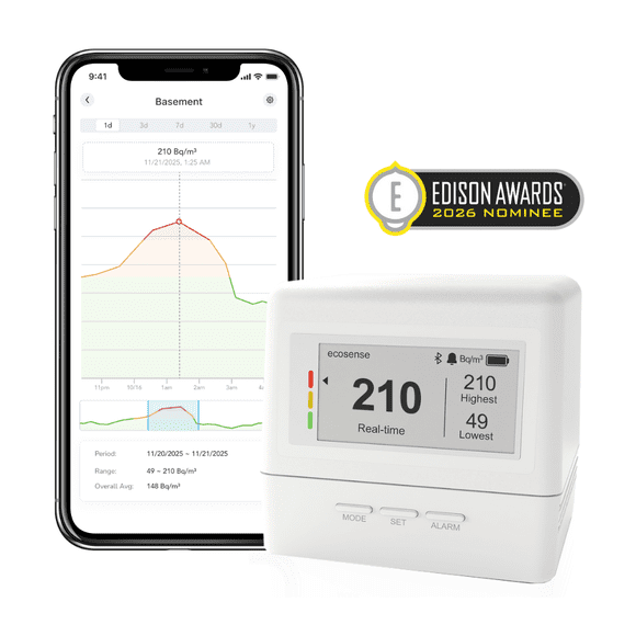 Ecosense EcoQube Flex Smart Radon Detector - Battery Powered Continuous Monitor with Display & App