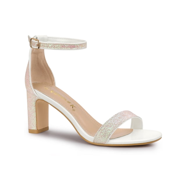 BLISSFUL STEP Sandales de Bal à Paillettes pour Femmes à Bride à la Cheville à Talon Bloc Blanches 6