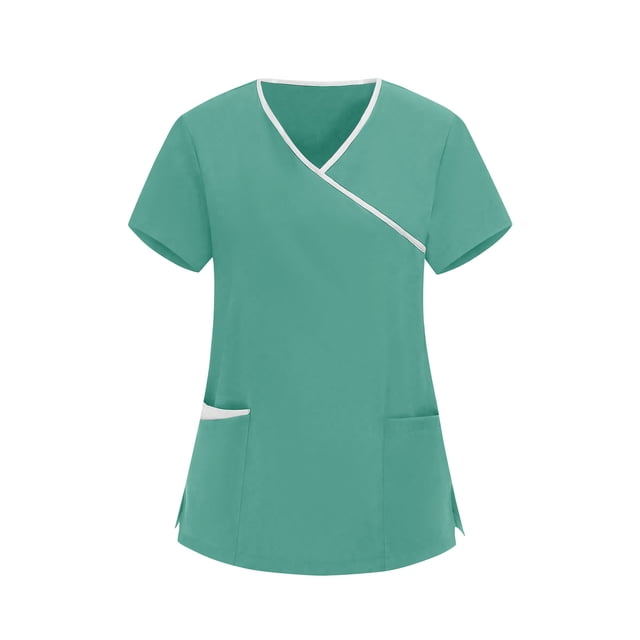RXMEKW V-Neck Scrub Top for Women Medical Uniform with Short Sleeves Printing Design