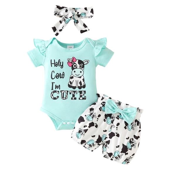 Splozh Newborn Girl Clothes Baby Girl Summer Clothes Home Outfit Ruffle Ribbed Romper Tops Floral Shorts Set + Headband Light Blue,12-18 Months