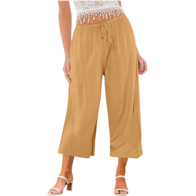 Yuyuzo Wide Leg Pants for Women High Waist Cotton Linen Drawstring Ruched Solid Color Boho Beach Trousers