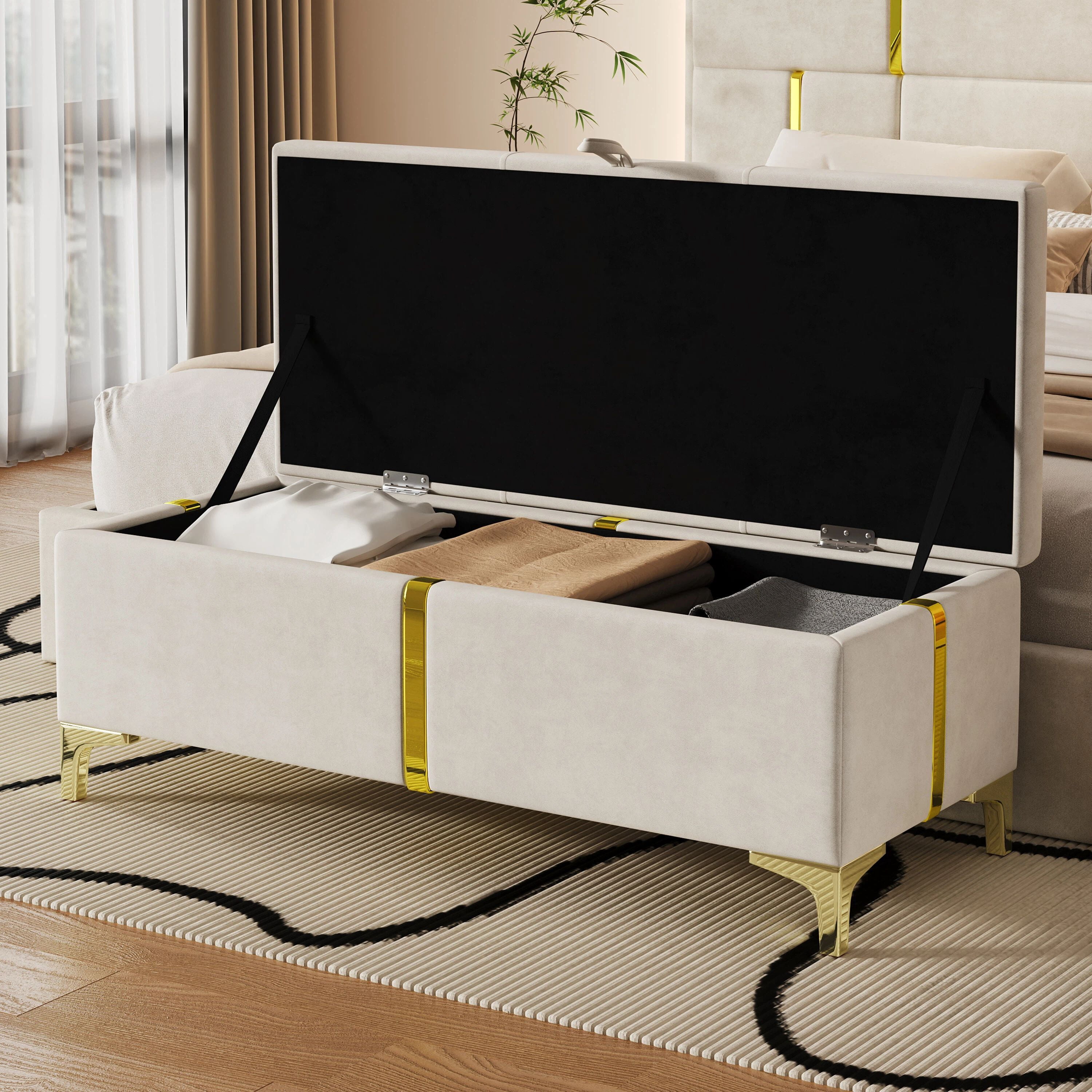 MODERNLUXE Banc Ottoman de Rangement 47 Pouces, Banc d'Entrée Rembourré avec Pattes en Métal pour Chambre, Salon, Beige