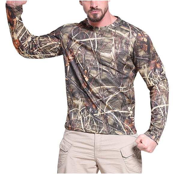 aohooy Mens Camo Tshirt Long Sleeve Sun Protection Shirts Crewneck Hunting Shirt Quick Dry Fishing Camouflage Shirts Camouflage,S