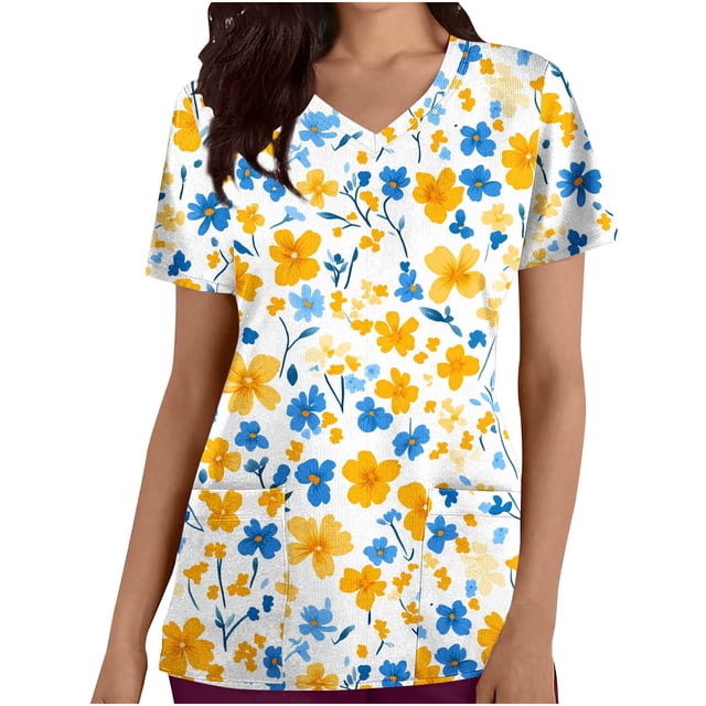 Pisexur Womens Scrub Tops Boasting Colorful Floral Prints Along With Short Sleeve Scrub Tops Suitable for Nursing Uniforms With Convenient Pockets