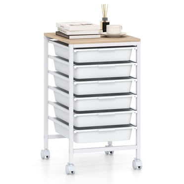 Costway 6-Drawer Arts Rolling Storage Cart with Wooden Tabletop & Lockable Wheels for Office Natural + White