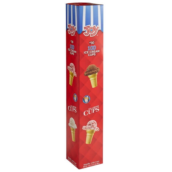 Joy #30 Flat Bottom Cake Ice Cream Cones, Classic Crisp Wafer Dispenser Pack, 100 Count Bulk Box front-facing view of stacked light-golden flat-bottom cake cones in a cardboard dispenser box showing crisp wafer texture and reinforced flat bases for upright serving. Suitable for single-scoop service and soft-serve counters; often used as edible serving cups for mini desserts.