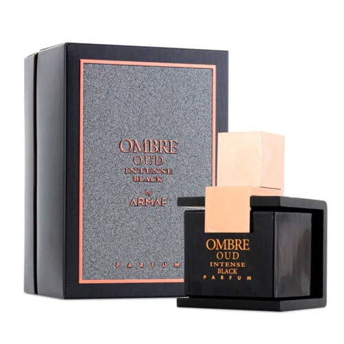 Armaf Ombre Oud Parfum Noir Intense pour Lui 100 ml / 3.4 Fl.oz. Présenté dans une Bouteille Noire Sophistiquée avec accents Dorés, Accompagné d'Une Boîte Grise Texturée avec Lettrage rose Doré. un Parfum Luxueux pour Homme Idéal pour Offrir Ou pour un Usage Personnel.