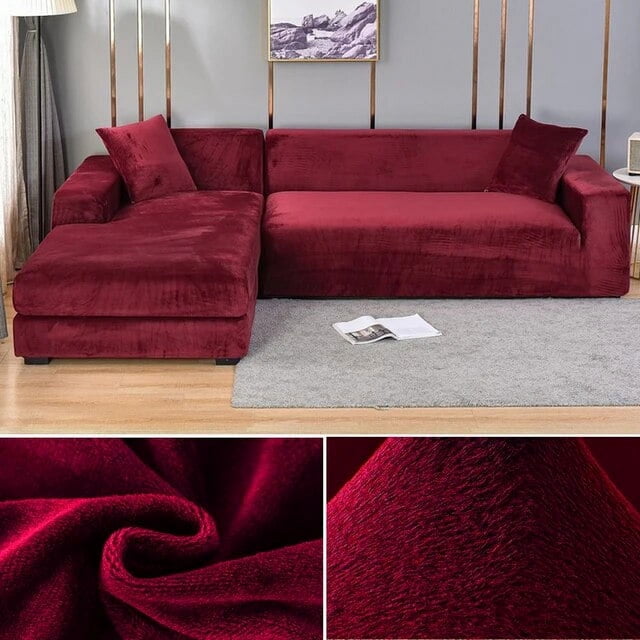 Velvet Sofa Cover Thick Elastic 1/2/3/4 Seater Sofa Cover for Living Room Velvet Plush L Shaped Corner Sofa Cover Couch Cover. The image shows a deep red velvet sofa cover fitted on an L-shaped corner sofa in a modern living room setting. The cover features a plush texture and elastic fit, with close-up details highlighting the soft velvet material. A grey rug and minimalistic decor complete the scene.