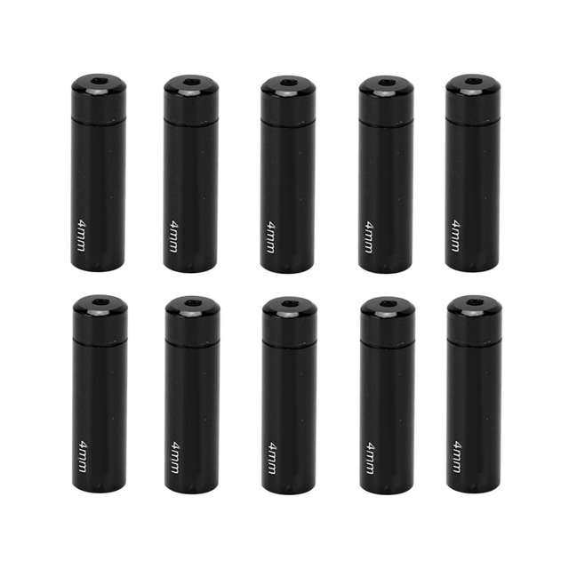 Bicycle Cable End Caps, Aluminum Alloy CNC Machined Bicycle Cable End Caps for 4mm Inner Diameter in black. The image shows a set of 10 durable and lightweight aluminum alloy caps, each with a 4mm marking, designed to prevent wear on bicycle cables. Suitable for various bike types, including mountain bikes, road bikes, and folding bikes.