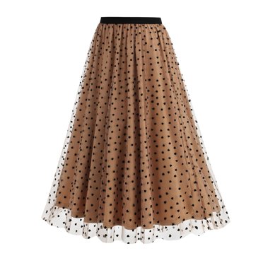 Tumotour Summer Skirt For Women Elastic High Waist Double-Layered Mesh Maxi Skirt A Line Tiered Petticoat Skirts Party Evening Skirt