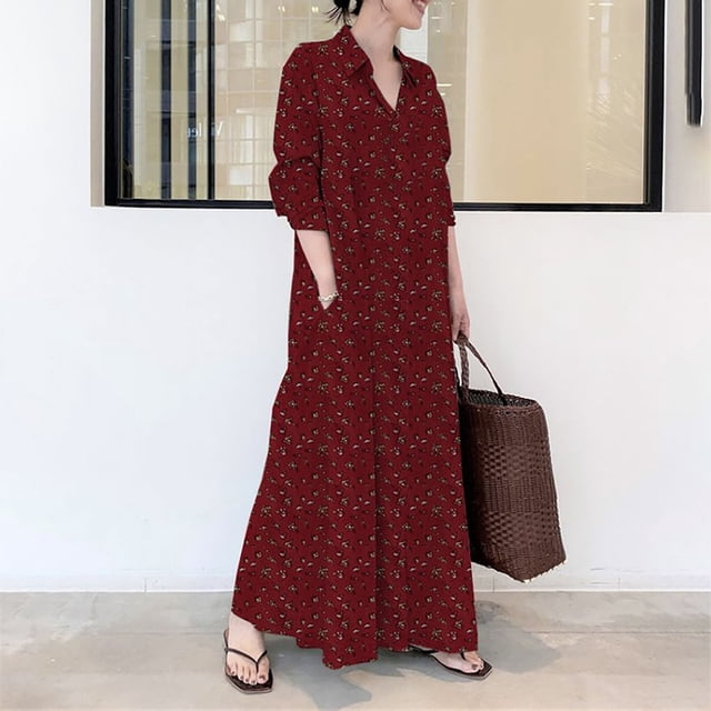 Meichang Robes Chemise pour Femmes en Coton et Lin à Imprimé Floral, Boutonnées, Robes Maxi à Manches Longues, Col à Revers, Coupe Ample, Grande Taille, Robes Chemise avec 2 Poches, Rouge G