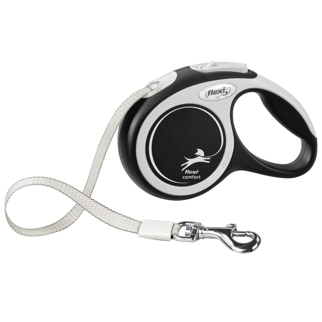 Flexi New Comfort Tape Retractable Dog Leash with black and white ergonomic handle, 10 ft tape leash featuring 360-degree tape guidance, one-handed braking system, and metal clip, designed for dogs up to 26 lbs for comfortable, controlled walks.