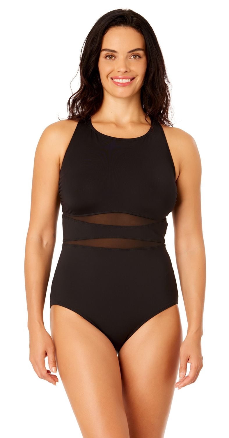 Lands' End Women's Size S-XXL Nylon Spandex High Neck One-Piece Swimsuit with Mesh Detail