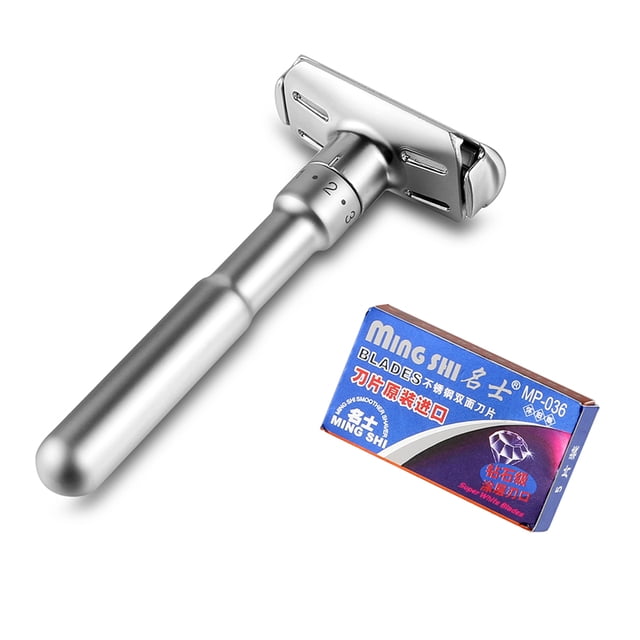 Mingshi Adjustable Safety Razor Double Edge Classic Men Shaving Mild to Aggressive 1-6 File Hair Removal Shaver with 5 Blades. The razor features a zinc alloy metal construction with an adjustable dial for shaving intensity levels from mild to aggressive. Includes a sleek silver handle and a pack of 5 replacement blades. Suitable for face, body, underarm, and bikini use.