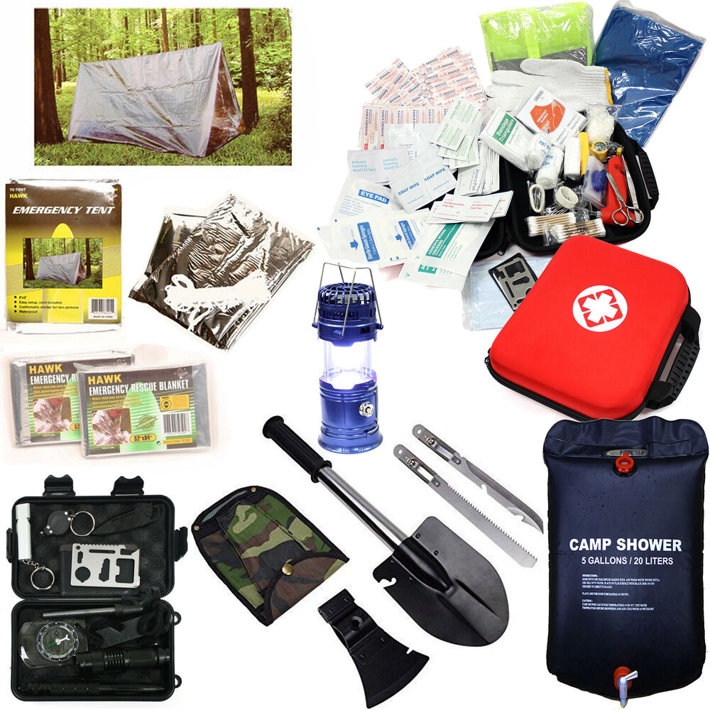Sac de Survie d'Urgence Kit First Aid Lampe Solaire Tente de Douche Couverture Pelle Hache