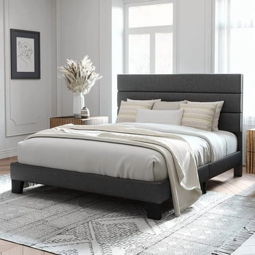 Allewie Lit Plateforme Format Grand avec Tête de Lit Rembourrée en Tissu, Gris Foncé