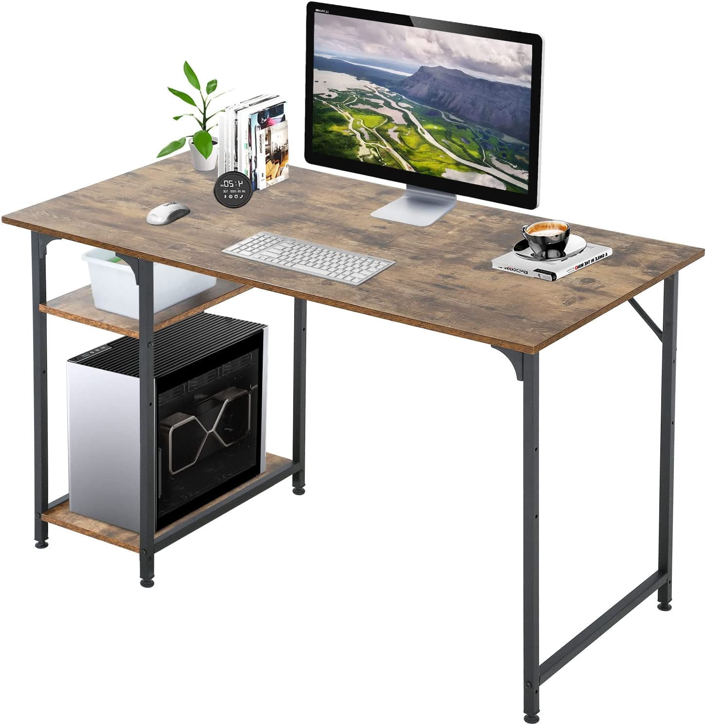 BestOffice 47-Inch Computer Desk, Bookshelf – Extra Large Modern Study & for Home Office, Black