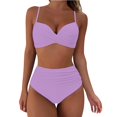thumbnail image 3 of Huesdet Womens High Waisted Bikini Sets Color Block Swimsuit V Neck Tummy Control Swimwear Drawstring 2 Piece Bathing Suit(Purple,M), 3 of 7